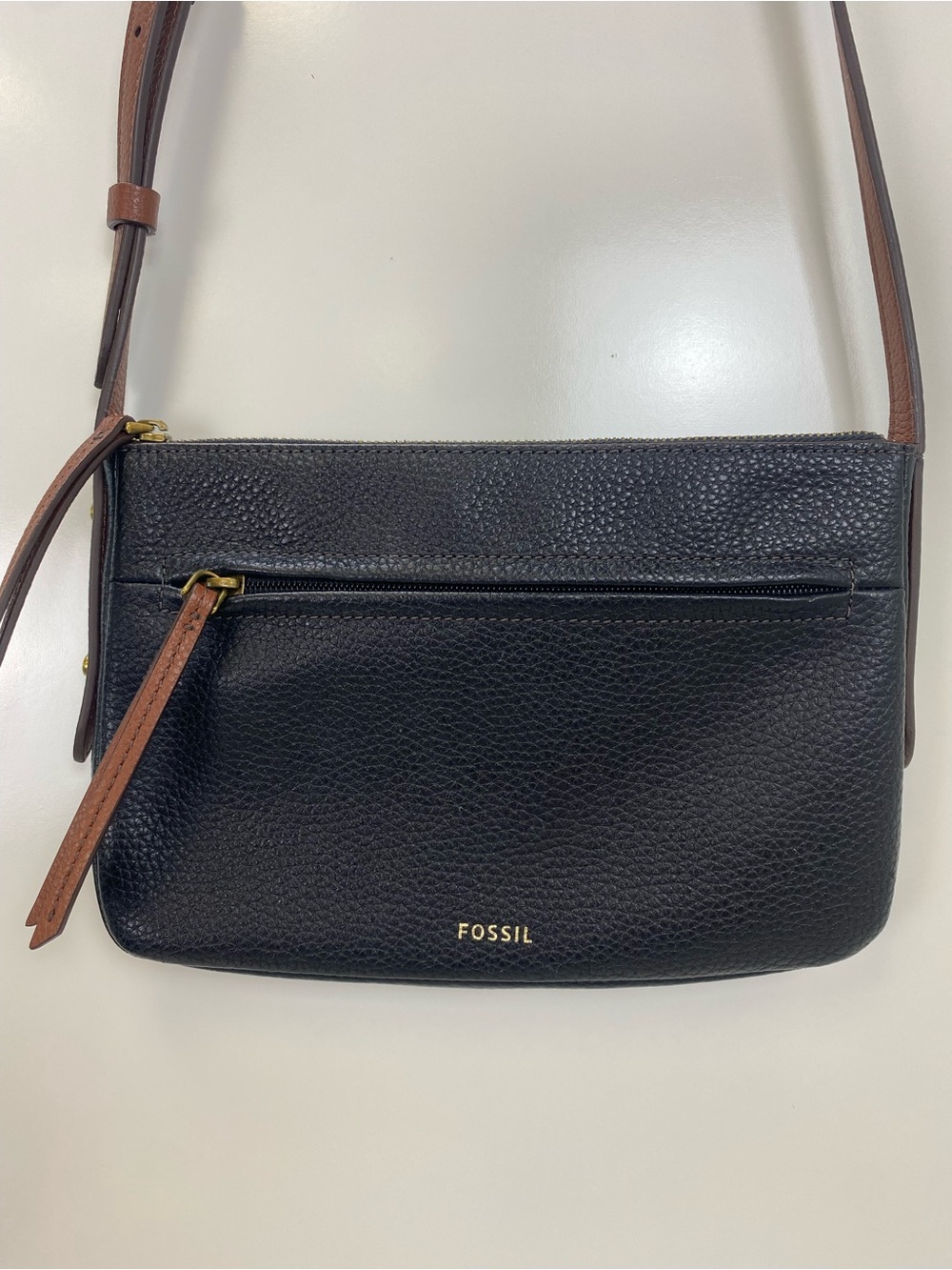 Fossil Black Crossbody Bag with Brown Strap